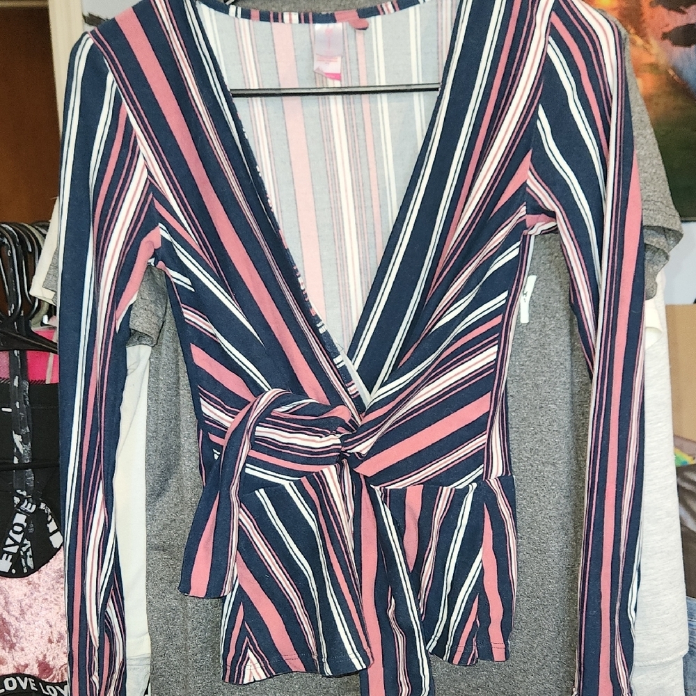 No Boundaries Blue and White Long Sleeve Wrap Blouse